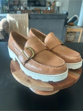 Born Contessa Leather Loafers with White Lug Sole and Brass Buckle